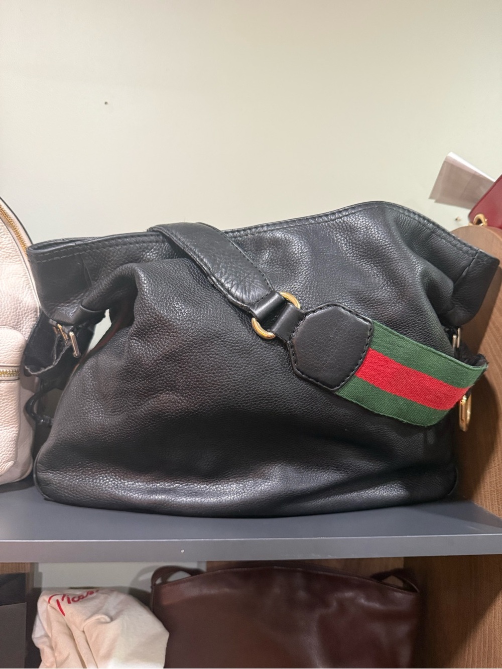 Vintage Gucci Black Pebbled Leather Web Stripe Hobo Shoulder Bag Italy Auth - Picture 13 of 17